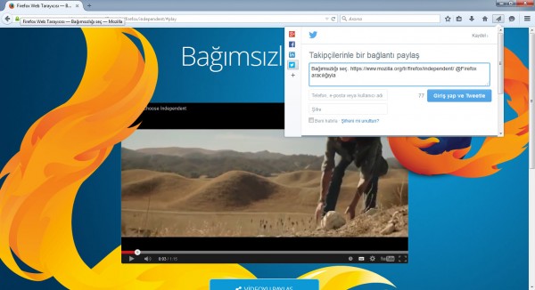 Firefox'un paylaşım penceresi